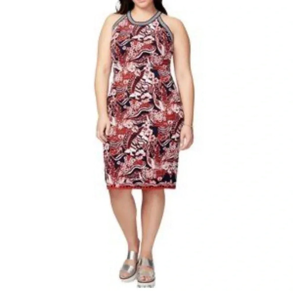 RACHEL Rachel Roy Printed Harland Midi Women's Dress Navy Blue/Red Size 1X - Picture 1 of 6